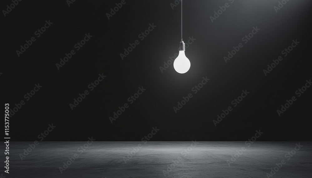Poster minimalist scene of a single light bulb hanging against a dark background with soft shadows and smoo