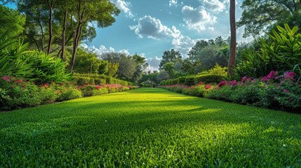 Obraz premium Beautiful wide format image of a manicured country lawn surrounded by trees and shrubs on a bright summer day. Spring summer nature