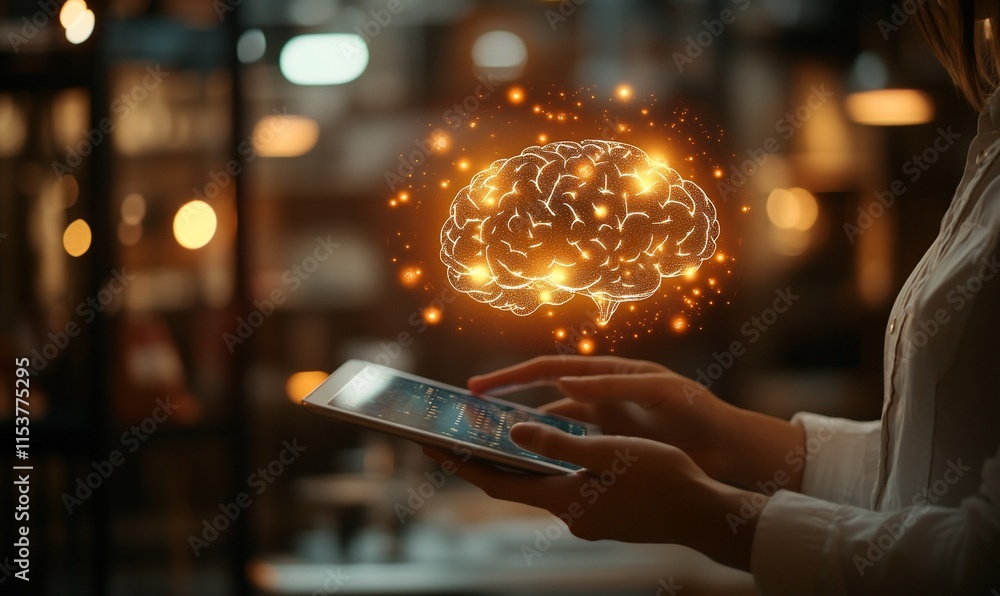 Poster a person using a tablet with a glowing brain graphic above, symbolizing knowledge.