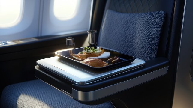 First-class airplane seat with a tray of food