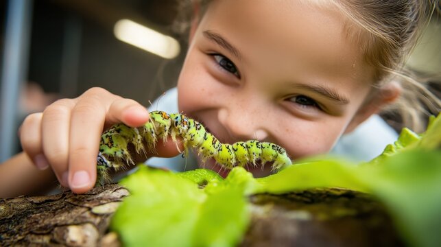 Curious child exploring nature with caterpillar up close - Powered by Adobe