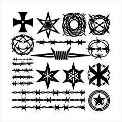 Fototapeta premium Barbed wire collection silhouette vector. Barbed wire metallic border elements, barb wire set, barb wire icon. Barbed wire fence on the border silhouette illustration
