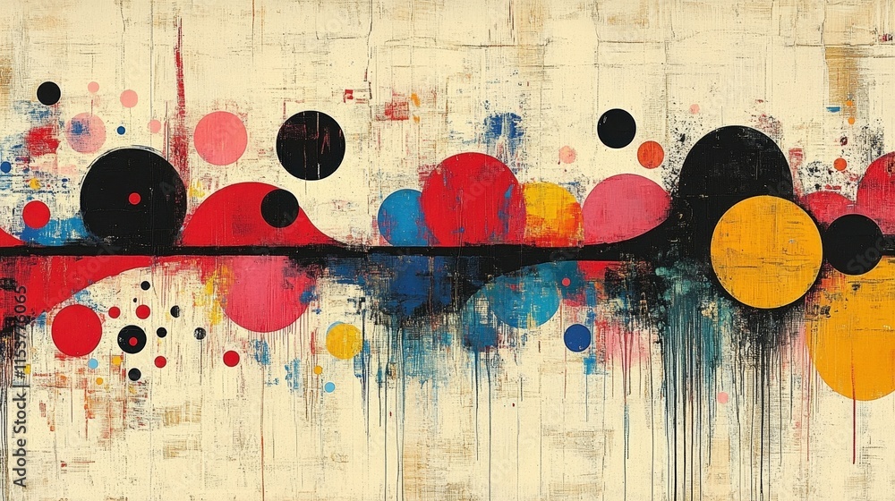 Poster abstract painting with colorful circles and drips on textured background.