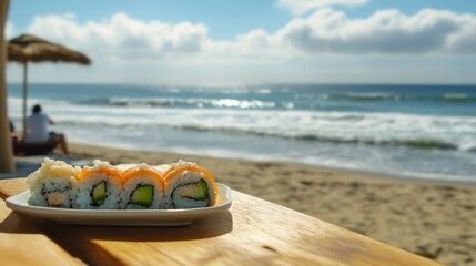 International Sushi Day Seaside dining with fresh spring rolls on a sunny beach picnic