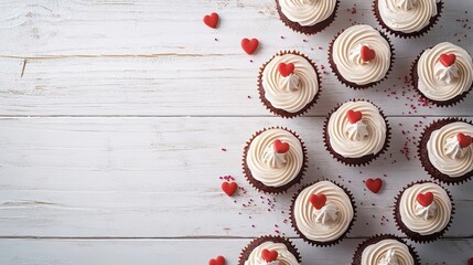delightful array of homemade chocolate cupcakes with swirled vanilla frosting and heart-shaped sprinkles on rustic white wooden background with copy space