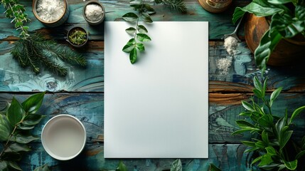 A white piece of paper sits on a wooden table with a variety of plants and bowls
