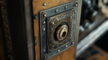 Detailed view of a mechanical safe being unlocked with an antique cipher device.