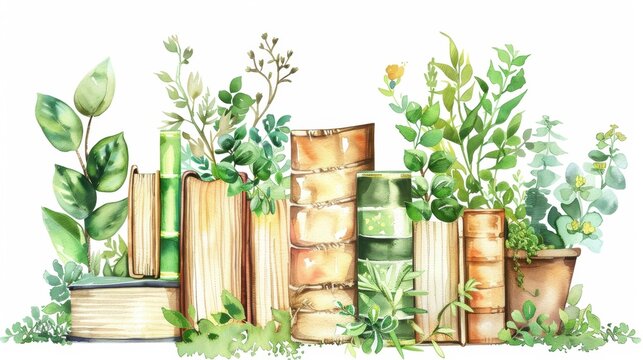 Gardening, Nature and Ecology Books Month Watercolor botanical art with books and lush greenery for garden lovers