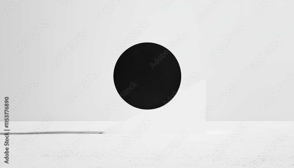 Poster minimalist abstract composition with black circle and geometric white shape on light gray background
