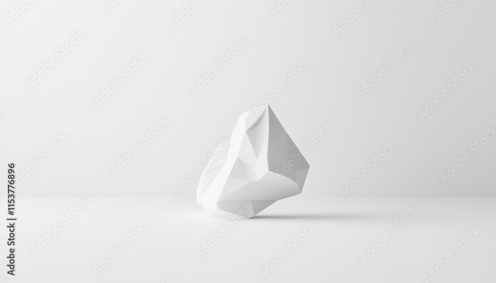 Poster abstract geometric sculpture in white with sharp facets on minimalistic background representing mode