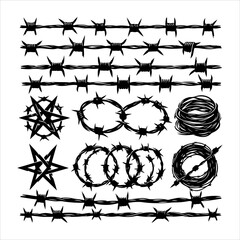 Barbed wire collection silhouette vector. Barbed wire metallic border elements, barb wire set, barb wire icon. Barbed wire fence on the border silhouette illustration