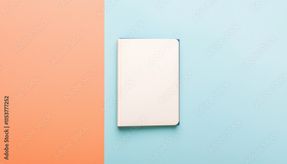 Poster minimalist design of a blank notebook on colorful background, creative workspace concept