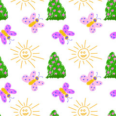 Playful seamless design featuring smiling suns, colorful butterflies, and blooming green bushes in a bright, cheerful style.