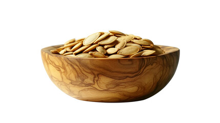 Fototapeta premium Pumpkin seeds on wooden bowl on white surface.