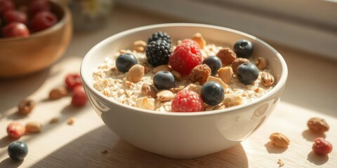 Vibrant bowl of oatmeal with berries and nuts, sunlight streaming in, food, power food, food photography props
