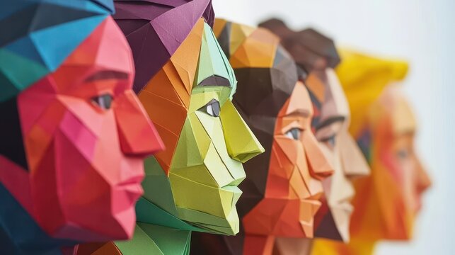 diverse multicultural crowd rendered in colorful origami paper art style representing global unity and population diversity in modern society