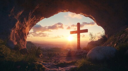 Empty Tomb, Wooden Cross Silhouette Against a Colorful Sunrise Sky Background, Easter Concept