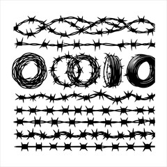 Barbed wire collection silhouette vector. Barbed wire metallic border elements, barb wire set, barb wire icon. Barbed wire fence on the border silhouette illustration