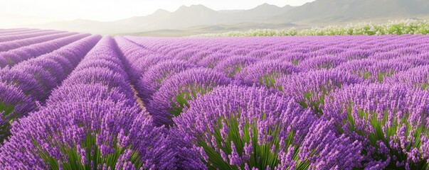 Obraz premium A vibrant lavender field stretches across the landscape, showcasing nature's beauty and tranquility.