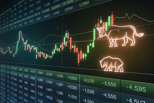 A digital stock market chart displays bullish and bearish trends using candlestick patterns and iconic bull and bear images. Green and red candlesticks show price fluctuations. Financial data is visib