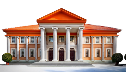 A stunning architectural masterpiece with vibrant orange accents and majestic columns.