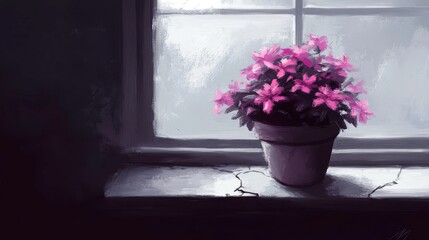 Fototapeta premium Vibrant Pink Flowers in a Sunlit Window