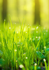 Dew kissed Green Grass Blades Sunny Meadow Nature Background