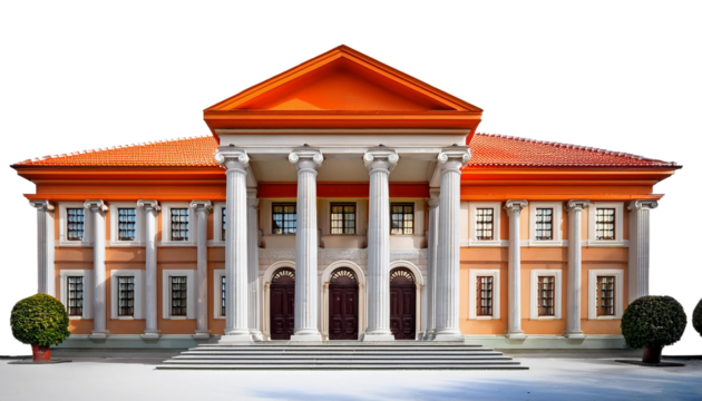 A stunning architectural masterpiece with vibrant orange accents and majestic columns.