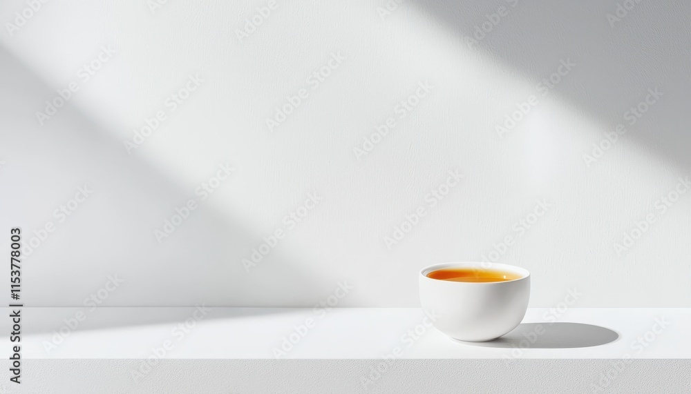 Poster minimalist white cup with tea on a bright surface with soft shadow play and simple background