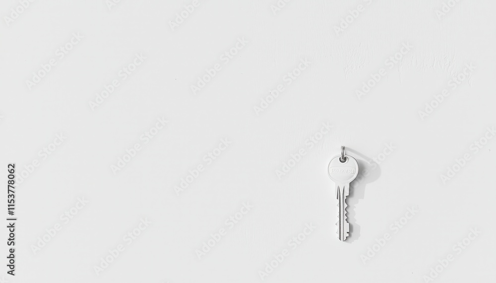 Poster close-up of a single metal key hanging against a minimalistic white background highlighting simplici