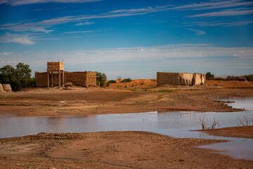 Merzouga sanddunes in the Erg Chebby desert in Morocco after heavy rainfall