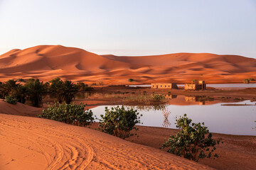 Merzouga sanddunes in the Erg Chebby desert in Morocco after heavy rainfall