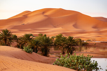 Merzouga sanddunes in the Erg Chebby desert in Morocco after heavy rainfall