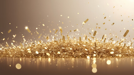 Golden Celebration: A dazzling shower of shimmering gold confetti, captured in a captivating 3D rendering, evokes a sense of jubilation and celebration, perfect for conveying joy, success, and luxury.