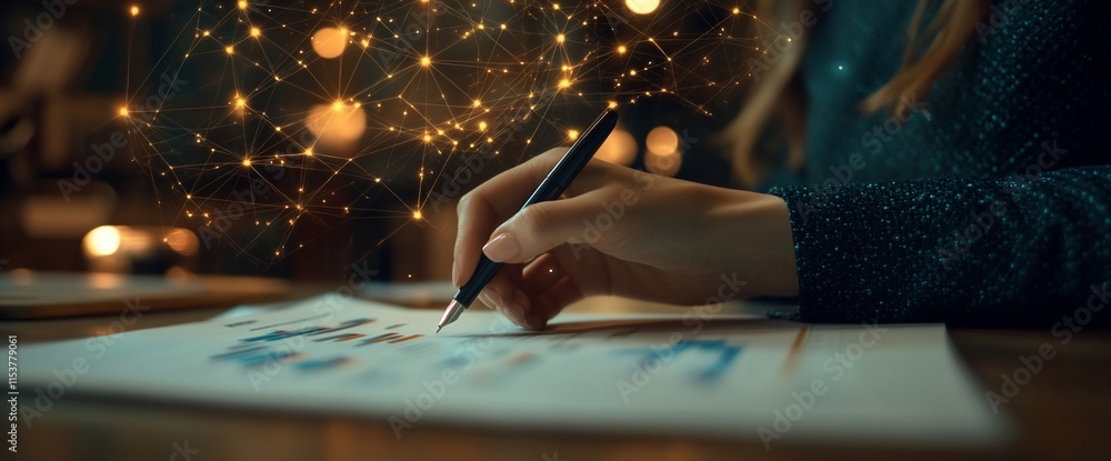 Poster a person writing on a document with a digital network overlay.