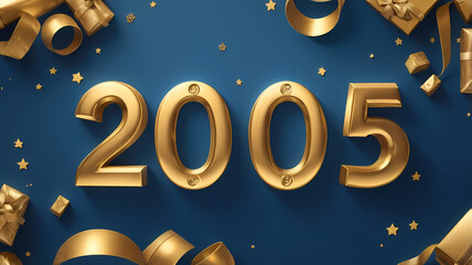 Golden 2005: A celebratory scene with gold numbers "2005" on a navy blue background, surrounded by golden confetti and ribbons, symbolizing a momentous year.
