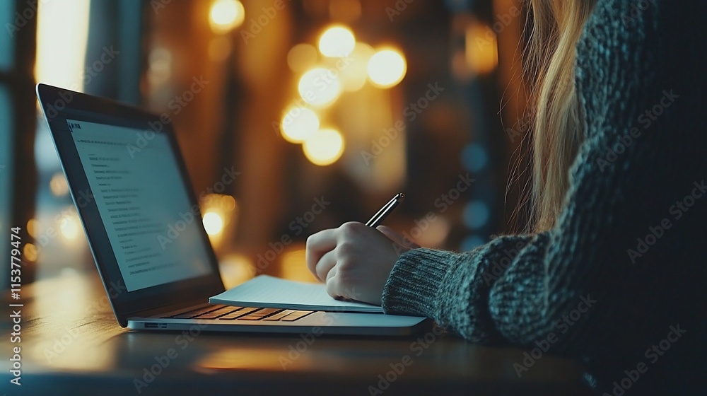 Poster a person writing notes on paper while using a laptop in a cozy environment.