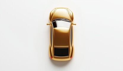 
golden child car isolated on a white background, top view. The toy spade is for playing in the garden or beach with a child, in a flat lay.