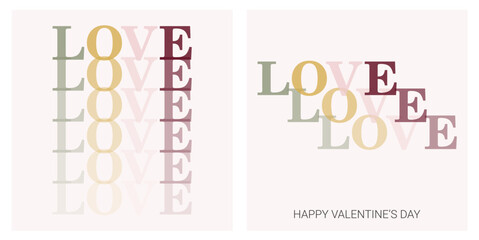 Valentine's Day gift card set. Modern minimalist design with ‘Love’ inscription. Vector template for cover, poster.