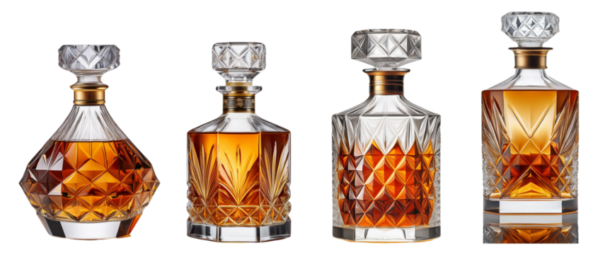 Elegant collection of four crystal whiskey decanters filled with amber liquor.