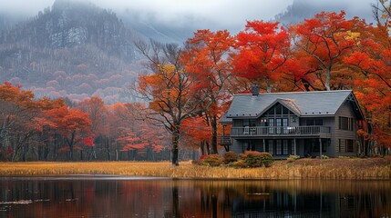 A house sits on a lake surrounded by trees with leaves that are orange and red