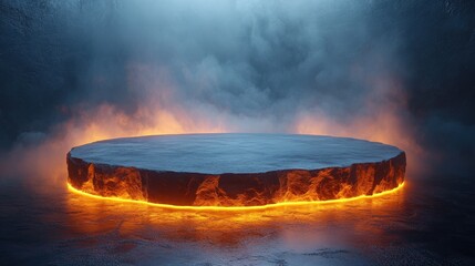 Circular snowy platform with fire base in misty winter scene.