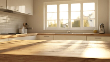 Fototapeta premium Sunlit Kitchen Interior with Wooden Countertop, Warm and Cozy Home Atmosphere