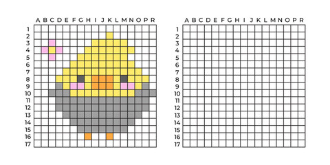 Copy Educational game for children. Cartoon parrot bird. Coloring by numbers for little children. A simple pattern for aquamosaics, various types of mosaics, and cross stitch. Repeat the drawing.