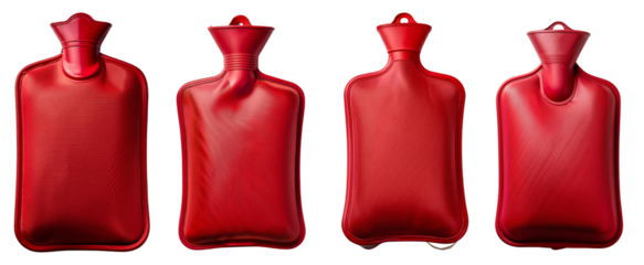 Set of four red hot water bottles for warmth and comfort in cold weather.