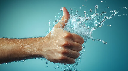 Fototapeta premium Thumbs-Up Gesture Among Water Splash on Isolated Blue Background – Liquid Gesture Refreshing Concept