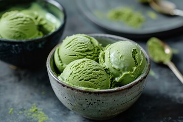 Fototapeta premium Matcha green tea ice cream scoops melting in a bowl, ready to be eaten