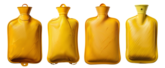 Set of vintage yellow hot water bottles for comfort and relaxation.