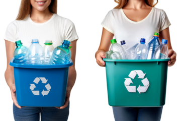 Women promoting recycling by holding bins filled with plastic bottles.