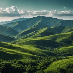 Fototapeta premium Landscape with green mountains. Mountainous terrain. Abstract nature background. Vector illustration.